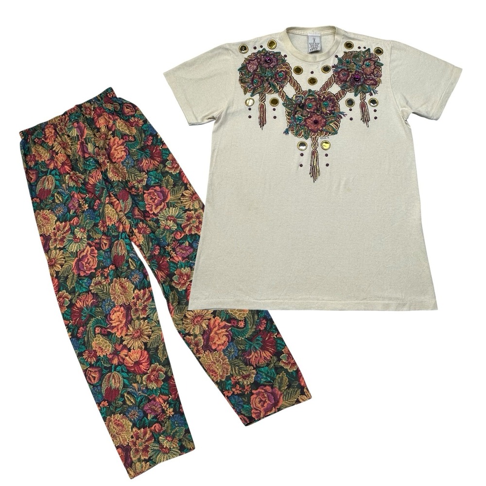 Vintage KWBL Shirt Pants Set Womens M Floral Embellished Made USA‎ 90s